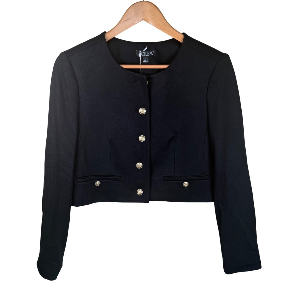 J.Crew Cropped Lady Jacket Women 6 Black Stretch Twill Gold Crest Buttons Blazer